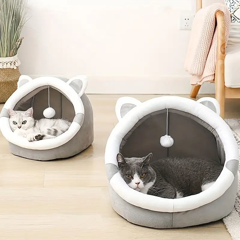 Panier Igloo pour Chat avec Oreilles – Lit Douillet Fermé avec Jouet Suspendu, Confort et Intimité
