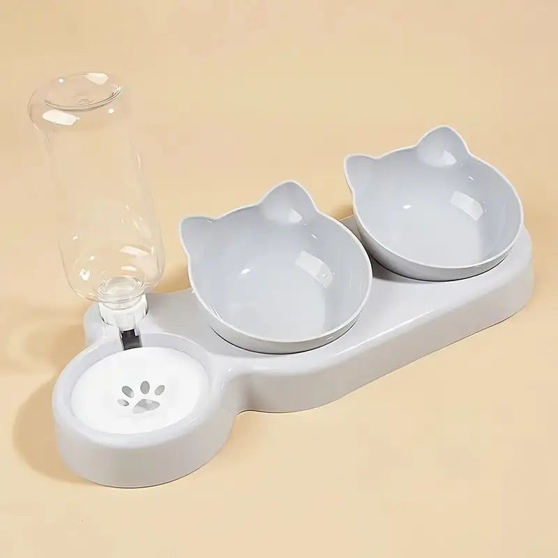 Gamelle 3-en-1 pour Chat ou Petit Chien – Double Bol en Forme de Tête + Distributeur d’Eau Automatique
