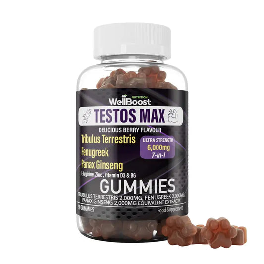 Testos Max Gummies 6000 mg – Complément Testostérone à Base de Tribulus, Ginseng et Fenugrec, Saveur Fruits Rouges