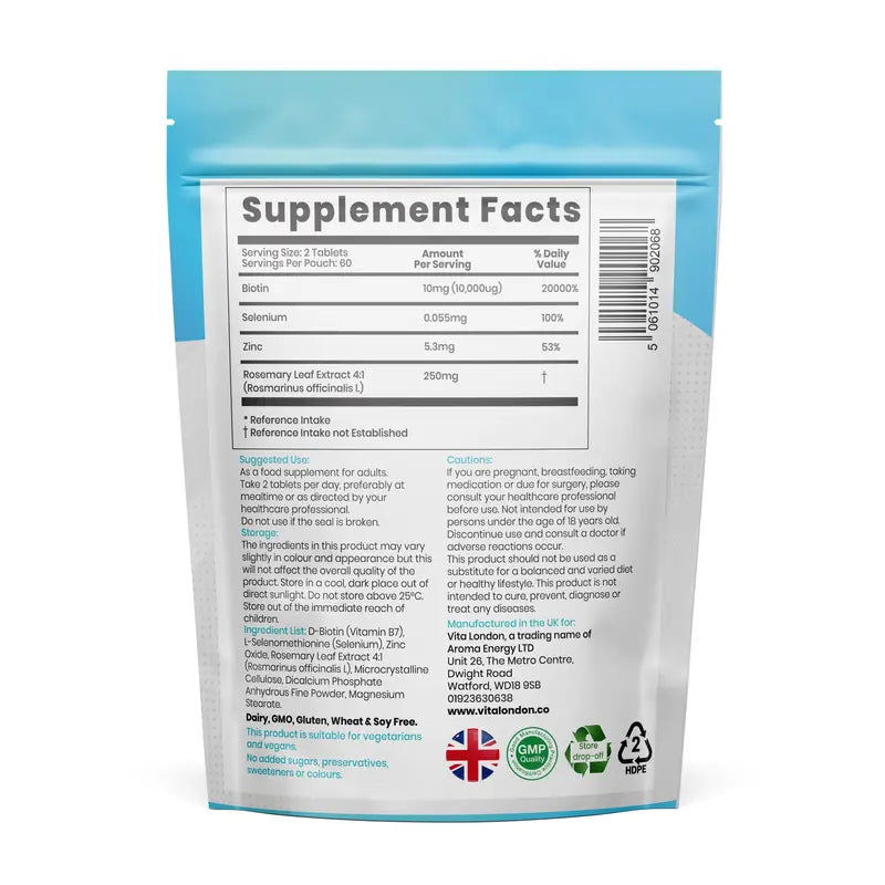 Complément Cheveux, Peau & Ongles – 120 Comprimés | Biotine 10 000 µg, Zinc, Sélénium & Romarin | Croissance, Éclat & Renforcement – Vegan & Sans OGM