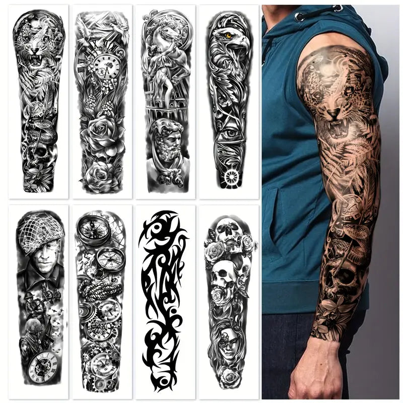 Tatouages Temporaires Bras Complet – Lot de 10 Manches Tattoo Réalistes Noirs & Gris | Effet 3D, Waterproof & Longue Durée – Style Crâne, Horloge, Aigle, Guerrier