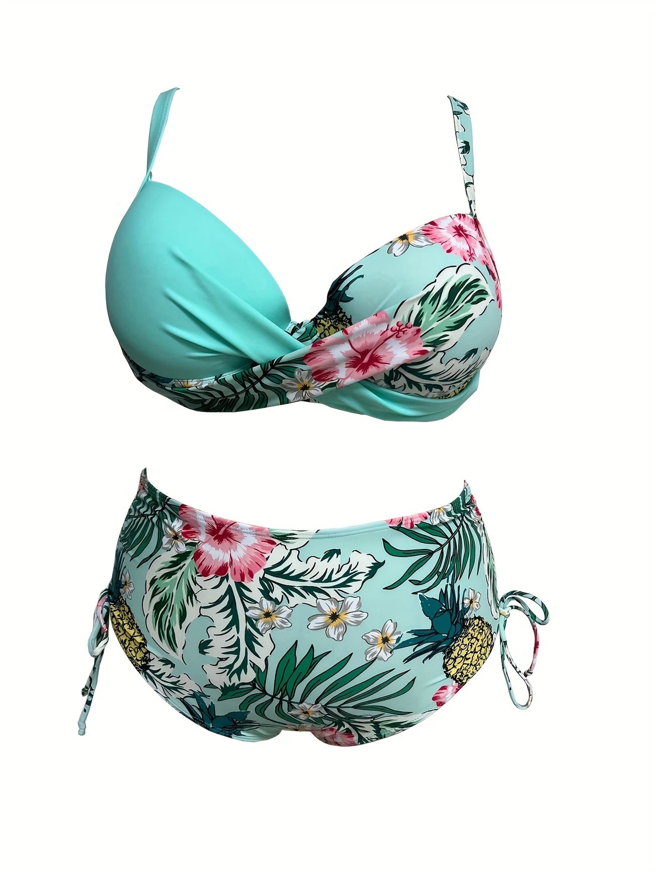 Ensemble Bikini Taille Haute Imprimé Tropical – Haut Croisé Maintien & Bas Ajustable