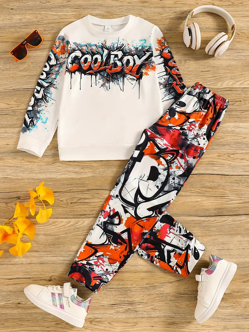 Ensemble Garçon Streetwear – Sweat Blanc et Pantalon Graffiti Coloré