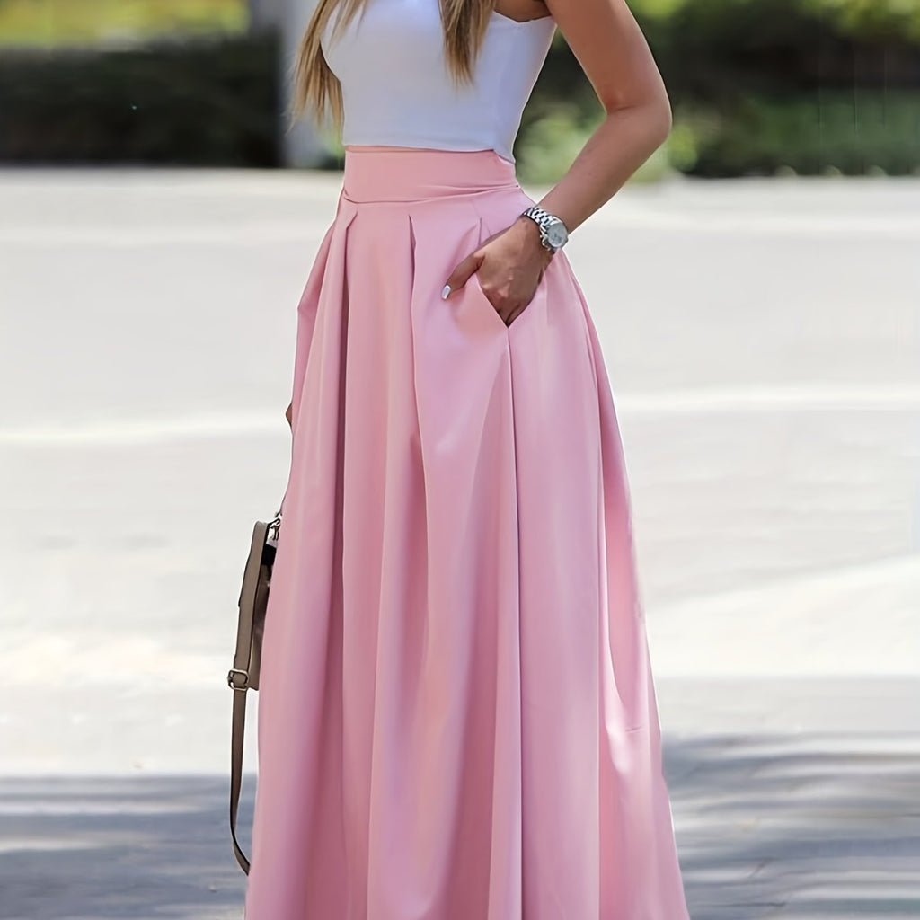 Jupe Maxi Froncée Taille Haute, coloris Rose
