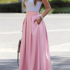 Jupe Maxi Froncée Taille Haute, coloris Rose