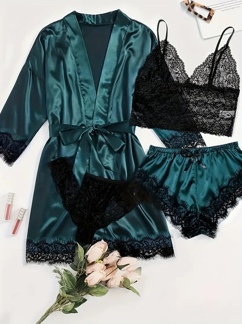 Ensemble Lingerie Femme Satin et Dentelle – Sous-vêtements et Pyjamas 4 Pièces avec Kimono, Débardeur, Short et String
