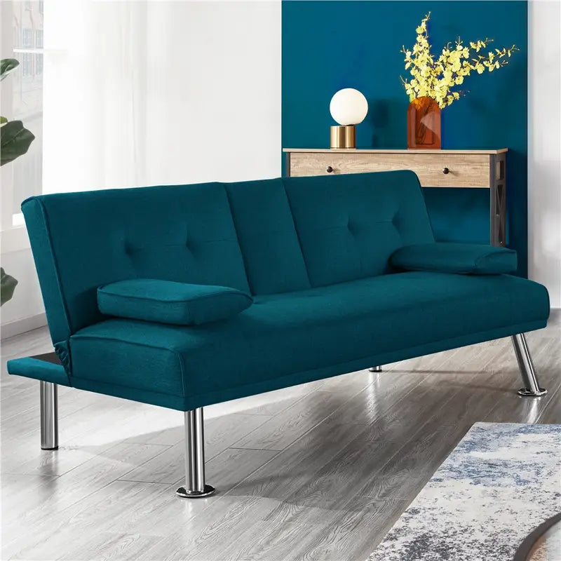 Canapé Convertible 3 Places en Tissu Bleu Pétrole – Design Moderne avec Accoudoirs et Pieds Chromés