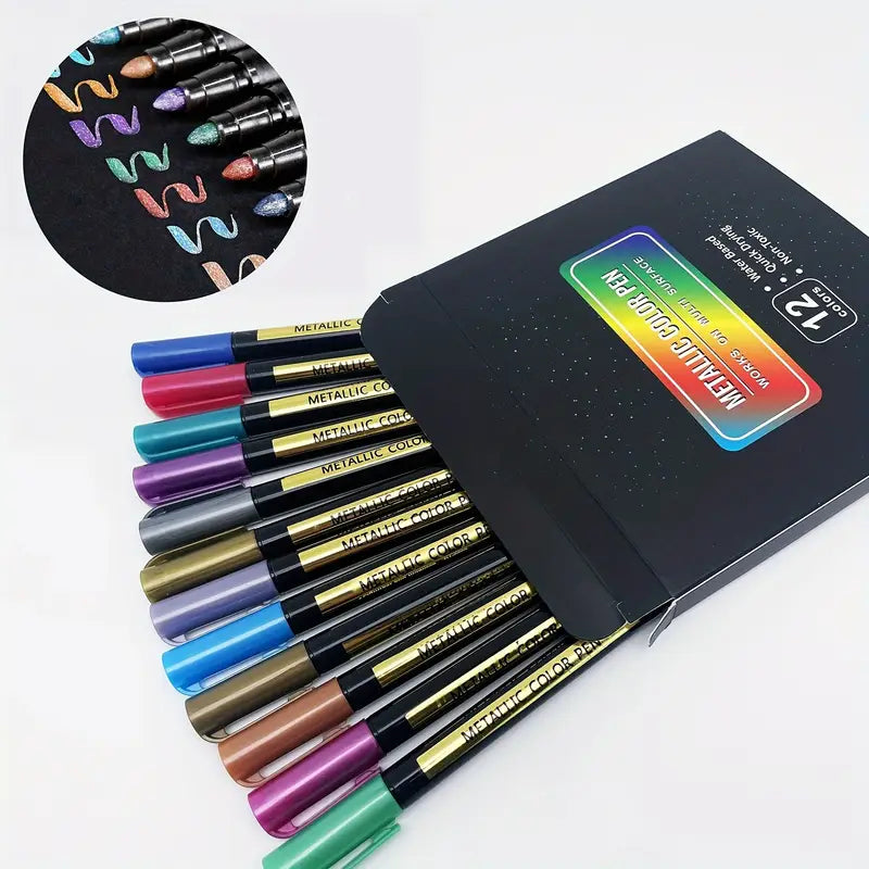 Ensemble de 12/24 Stylos Métalliques Colorés – Feutres Pailletés pour Scrapbooking, DIY, Bullet Journal et Dessin Créatif