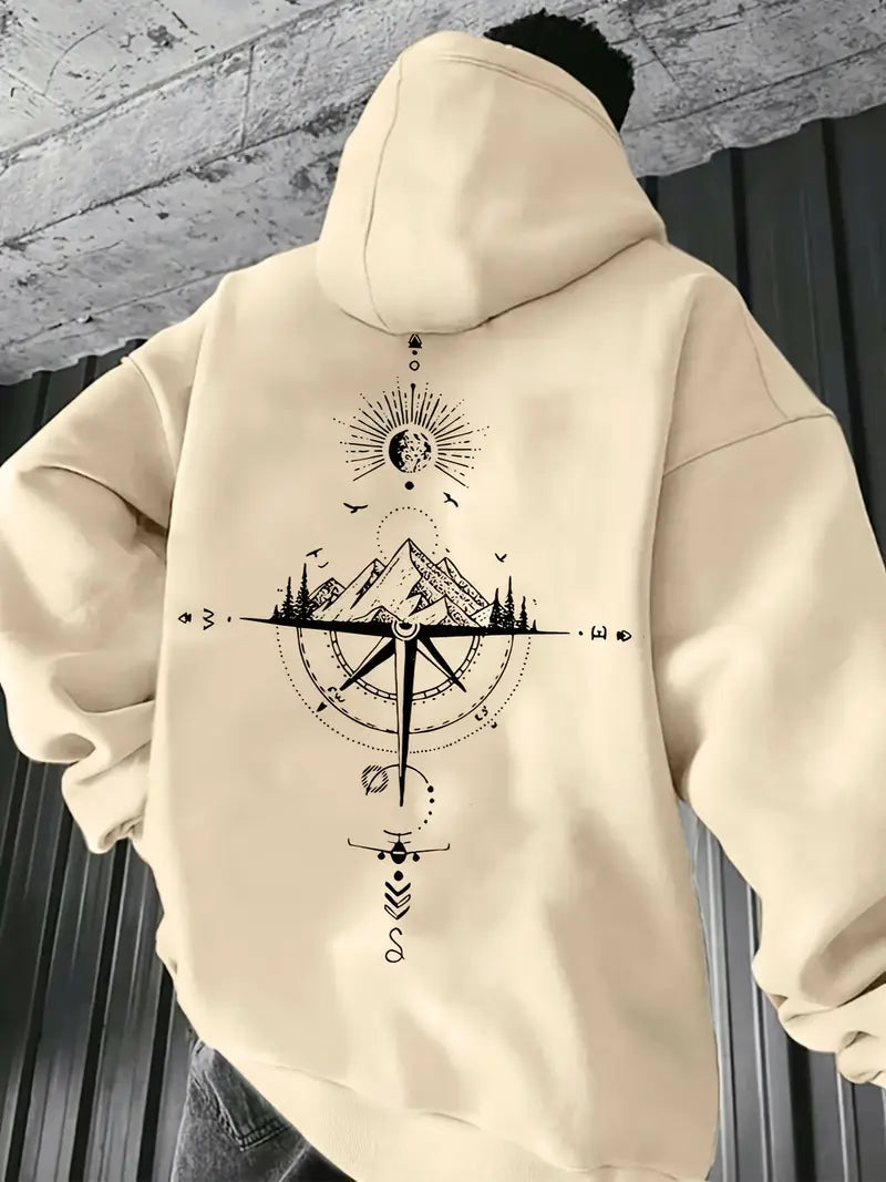 Sweat à capuche homme – Hoodie gris sport avec imprimé boussole & montagne – Style streetwear et confort