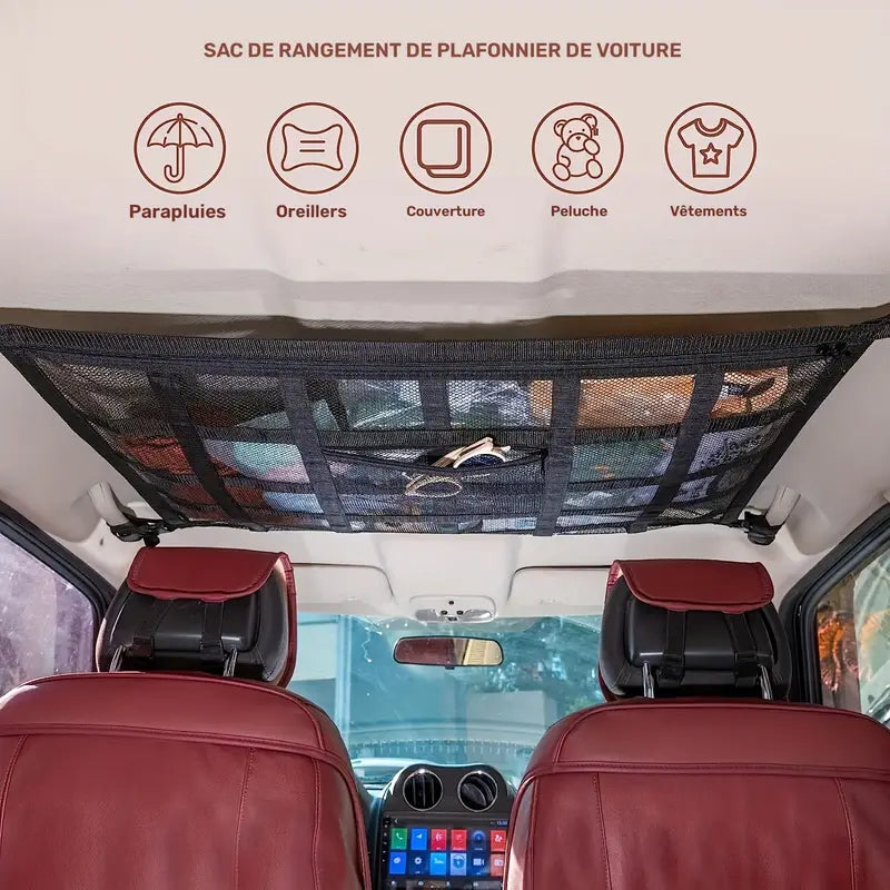 Sac de Rangement Plafonnier Camping-Car – Filet de Toit Voiture pour Vêtements, Couvertures et Accessoires de Voyage