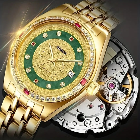 Montre homme luxe dorée – Bracelet acier or avec cadran vert et incrustations brillantes