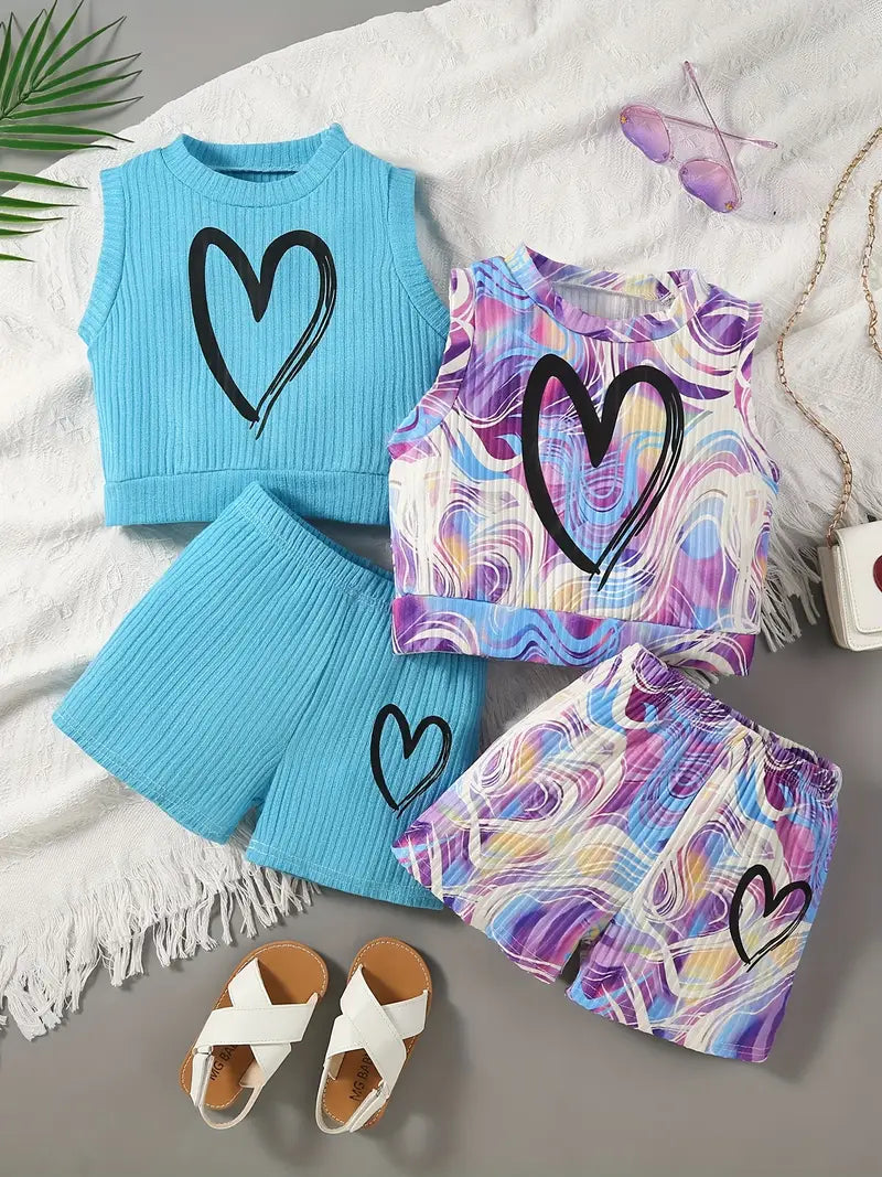 Hauts fille colorés sans manches avec imprimé cœur – Ensemble tendance été confortable