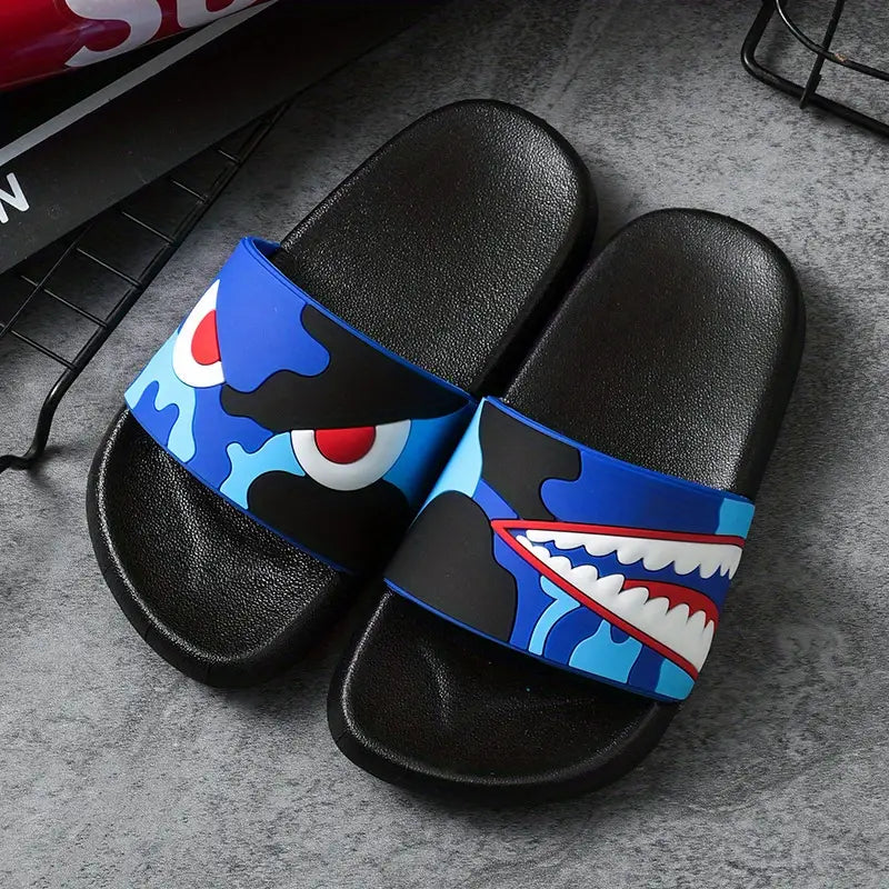 Sandales garçon noires motif requin et camouflage bleu – Pantoufles d’été légères et antidérapantes