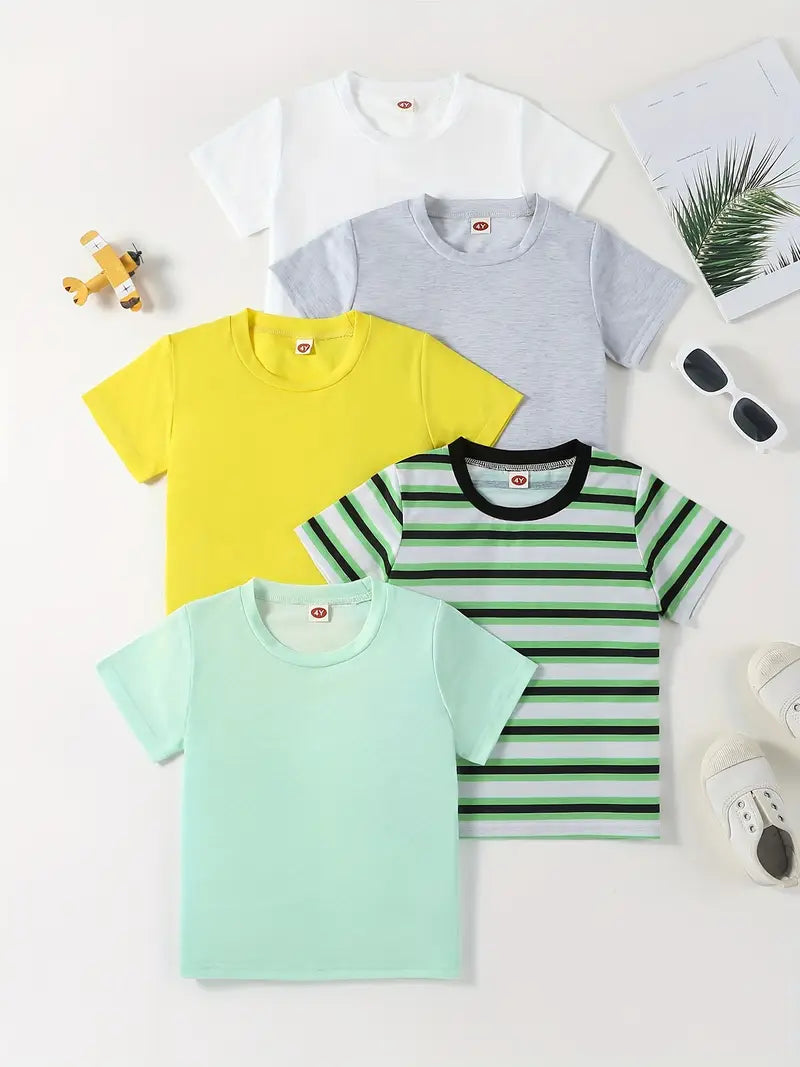 Lot de 5 t-shirts garçon basiques – Hauts unis et rayé coton respirant