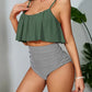 Bikini deux pièces femme – Haut à volants vert kaki/Rose & culotte taille haute rayée