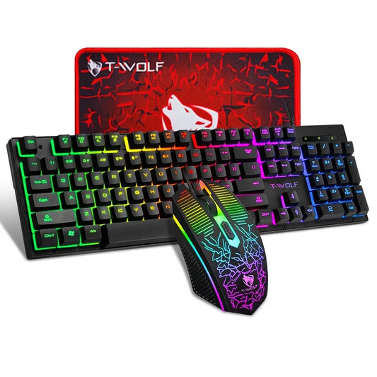 Pack Gaming 3 en 1 – Clavier Filaire T-WOLF + Souris Gamer Ergonomique + Tapis de Souris Antidérapant