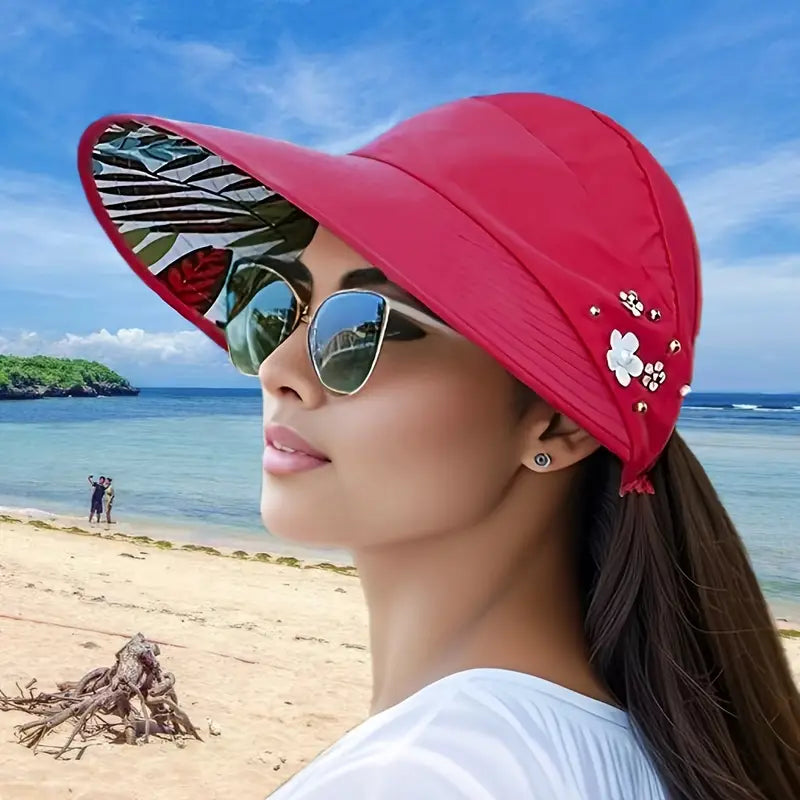 Visière femme noire élégante avec fleurs et intérieur imprimé – Casquette anti-UV chic pour l’été