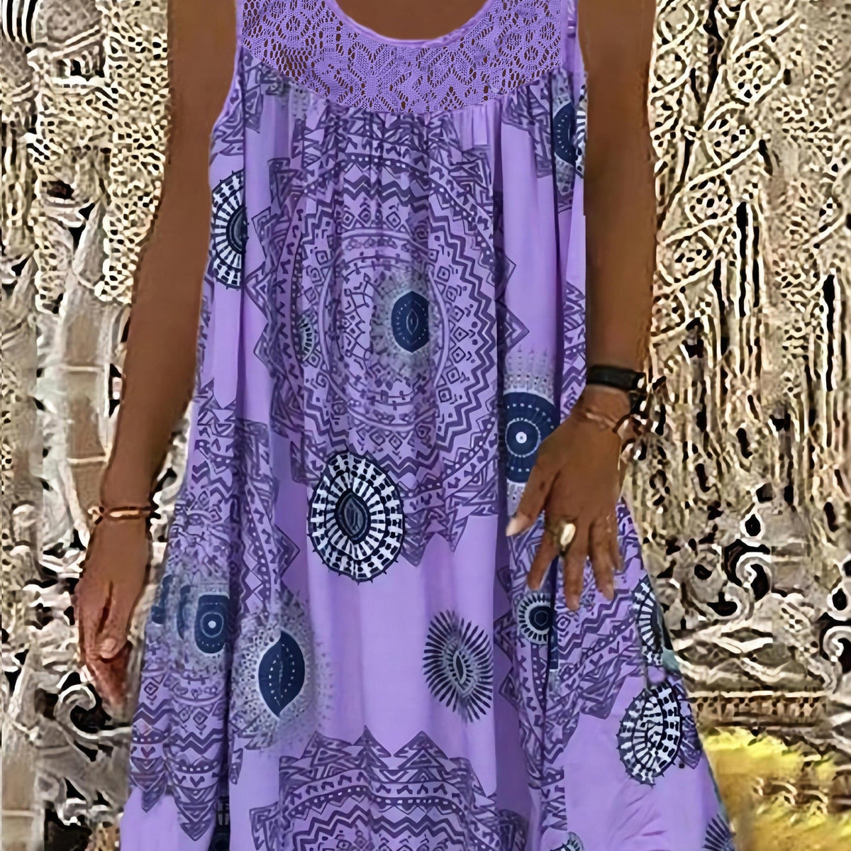 Robe Femme Grande Taille – Détails en Dentelle et Imprimé Géométrique, coloris Violet