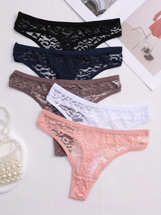 Lot de Strings Sexy Femme en Dentelle Transparente – Lingerie Fine Confortable, Motif Léopard Discret