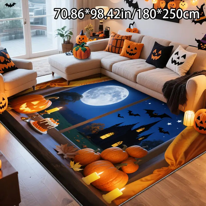 Tapis Halloween Géant – Citrouilles, Lune et Chauves-Souris pour Déco de Salon et Fête