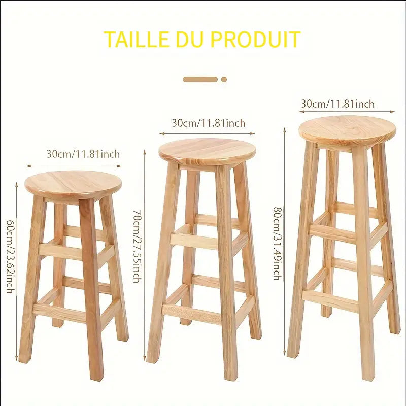 Tabouret Haut en Bois Massif – Chaise de Bar Ronde Disponible en 3 Hauteurs