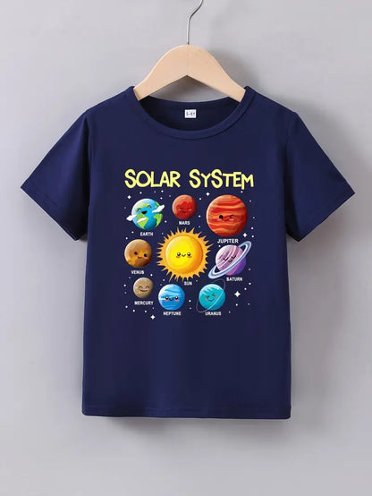 T-shirt garçon bleu Solar System – Haut éducatif avec planètes du système solaire