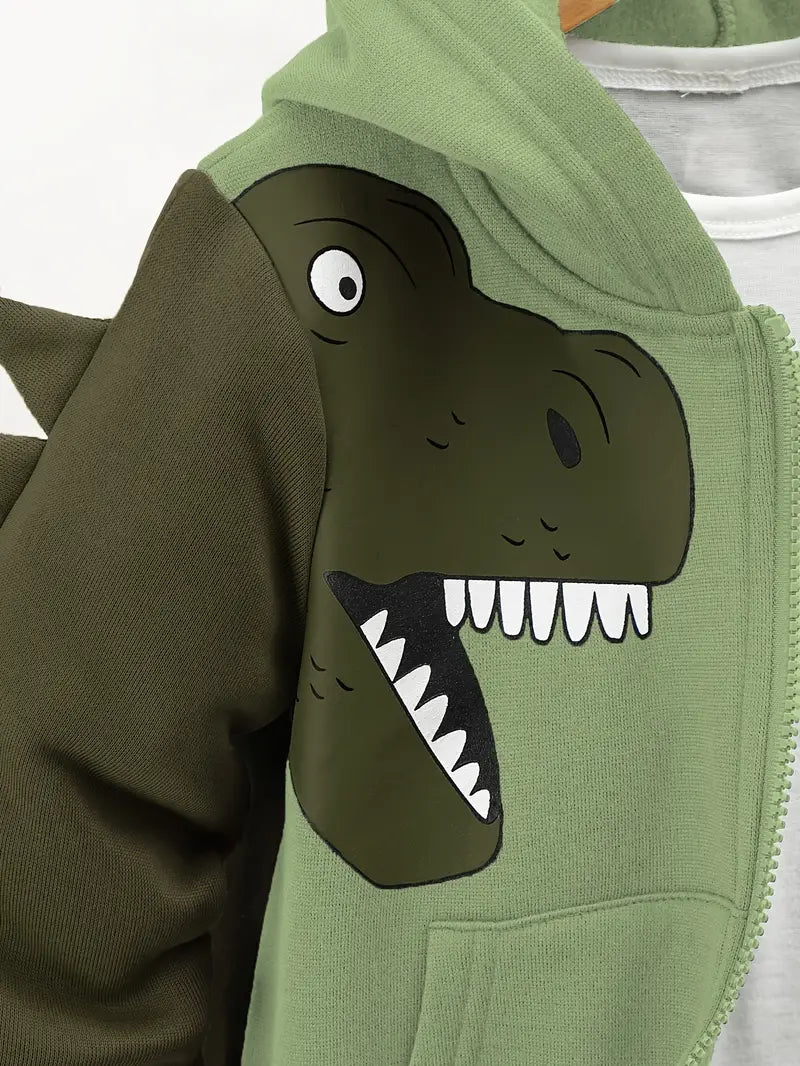 Ensemble Garçon Vert Dinosaure – Sweat à Capuche Zippé + Pantalon Jogging Confortable