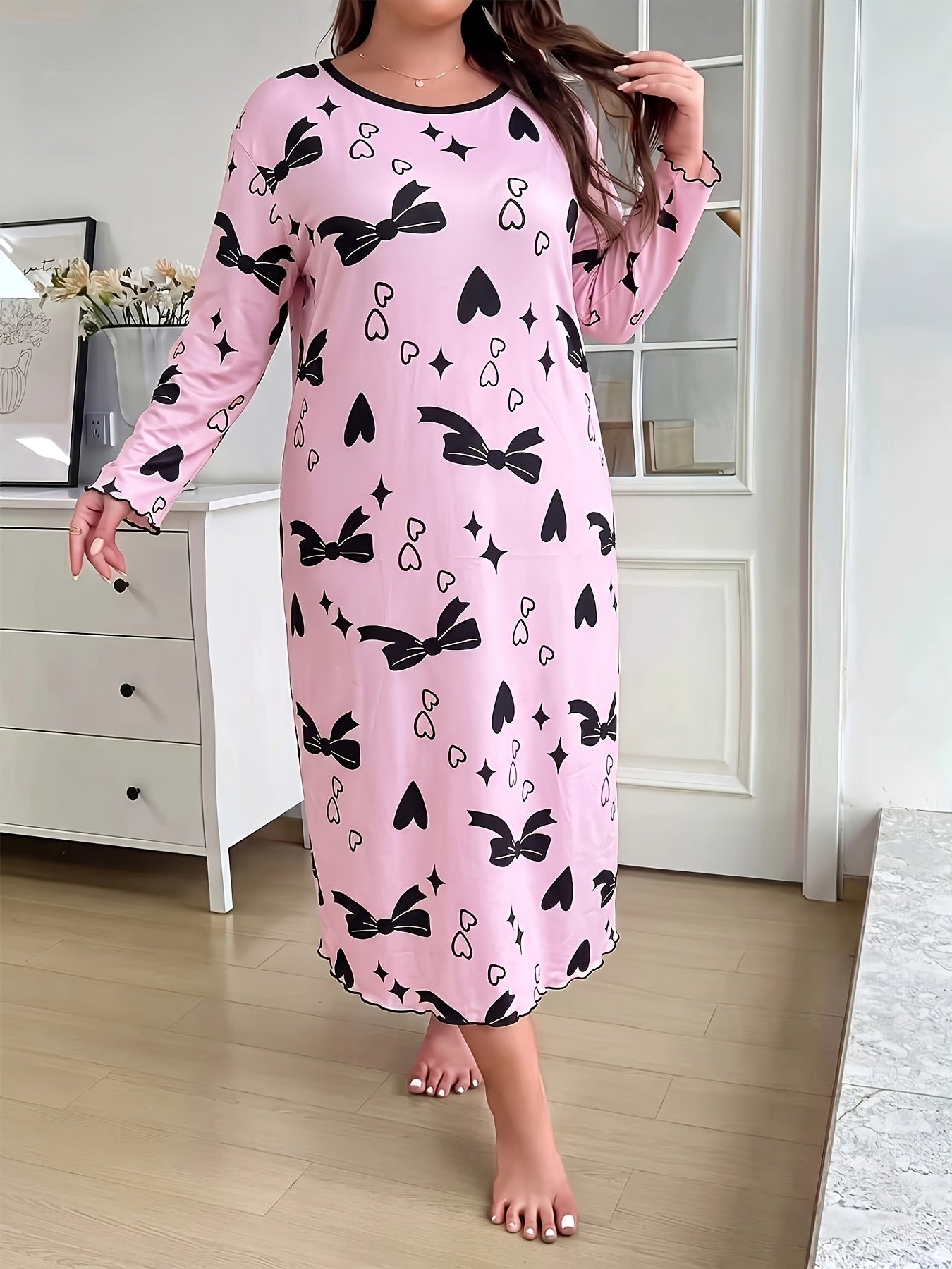 Chemise de Nuit à Manches Longues Automne/Hiver avec Imprimé Nœud Rose