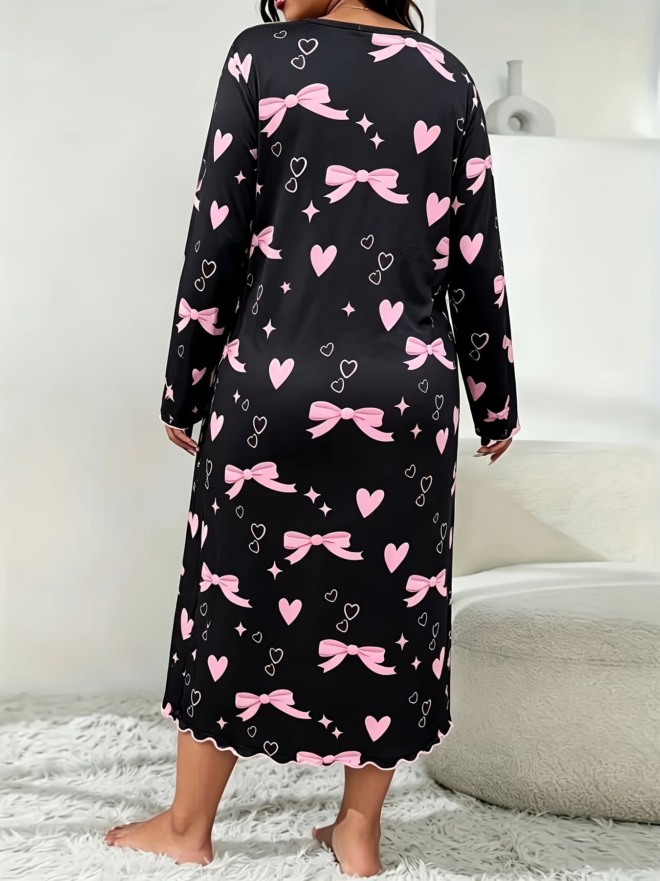 Chemise de Nuit à Manches Longues Automne/Hiver avec Imprimé Nœud Rose