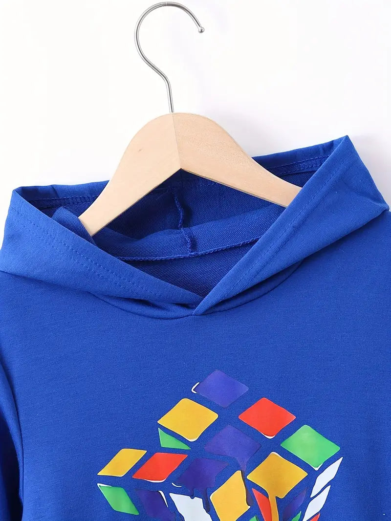 Sweat à capuche garçon bleu – Haut tendance avec imprimé Rubik’s Cube coloré, confortable et stylé