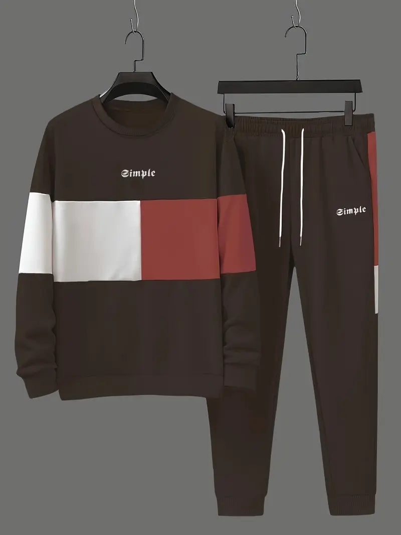 Ensemble de sport homme – Sweat et pantalon jogging – Design color block bleu, beige et blanc