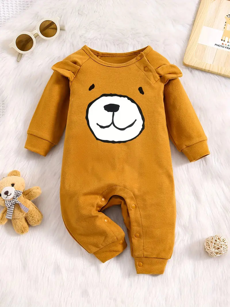 Body Bébé Manche Longue en Coton – Grenouillère Moutarde Motif Ours Mignon