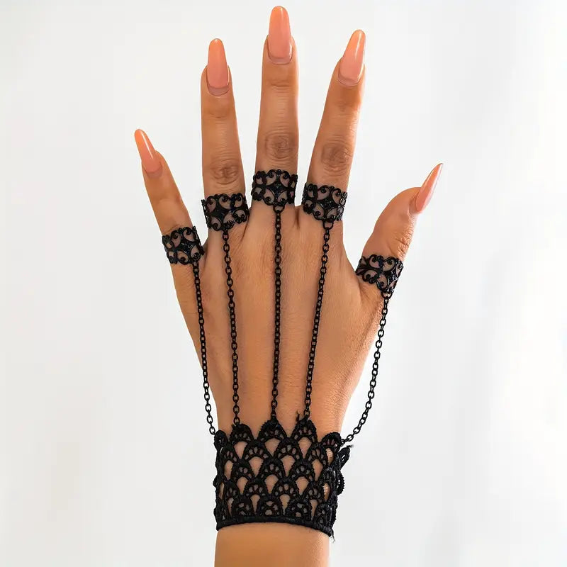 Bracelet gothique dentelle noire avec chaînes – Accessoire de costume élégant et mystérieux pour femme