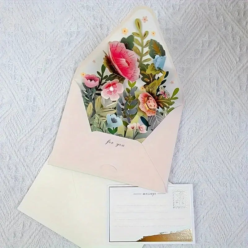 Carte de Vœux Pop-Up Fleurie avec Chat Porte-Bonheur – Carte Postale 3D pour Toutes Occasions