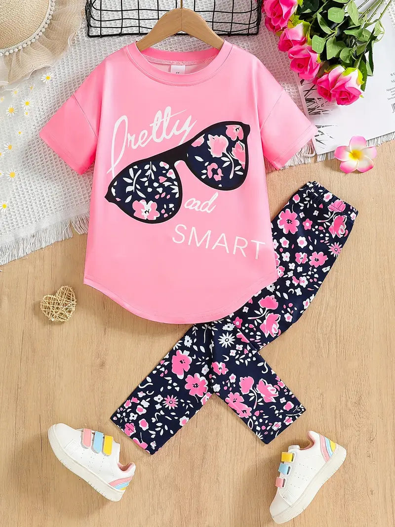 Ensemble fille été 2 pièces – T-shirt rose imprimé lunettes et legging fleuri