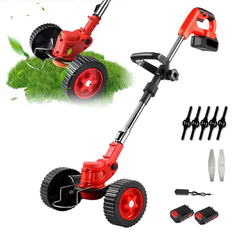 Tondeuse Électrique Sans Fil Multifonction Coupe-Bordures avec Roues, 2 Batteries Rechargeables et Lames Interchangeables