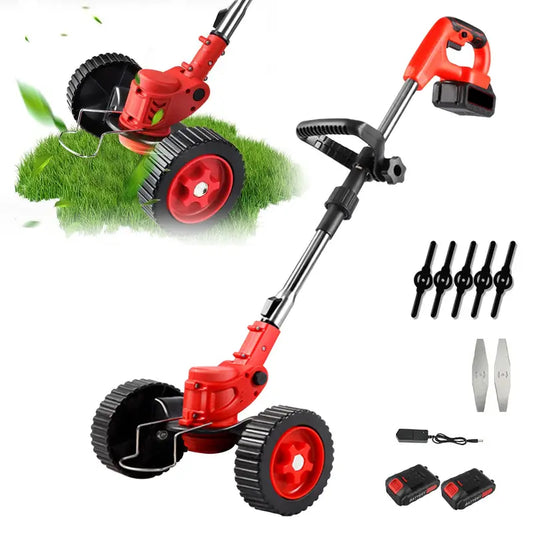 Tondeuse Électrique Sans Fil Multifonction Coupe-Bordures avec Roues, 2 Batteries Rechargeables et Lames Interchangeables