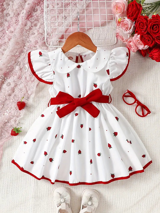 Robe Bébé Fille Bleu Marine à Motifs Fraises avec Nœud Rouge – Tenue Mignonne Été