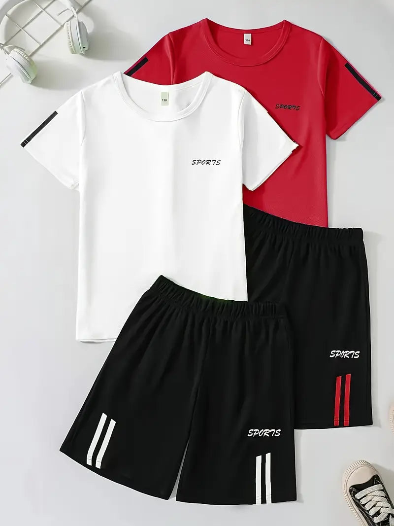 Ensemble sport garçon avec t-shirt respirant et short noir – tenue légère pour activités et loisirs
