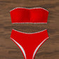 Bikini bandeau texturé – Maillot 2 pièces taille haute avec détails festonnés blancs