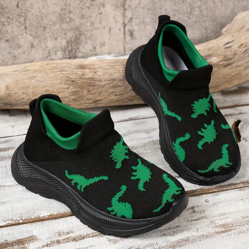 Chaussures sans lacets garçon rouges – Mocassins légers motif dinosaures noirs