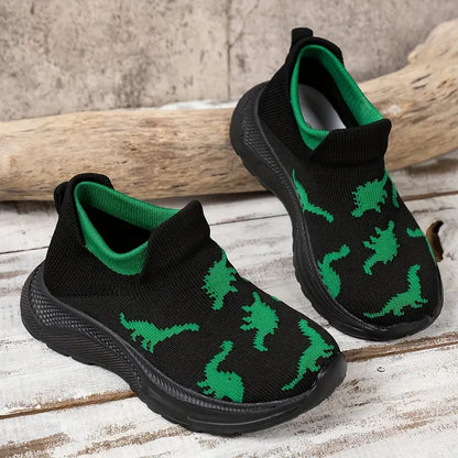 Chaussures sans lacets garçon rouges – Mocassins légers motif dinosaures noirs