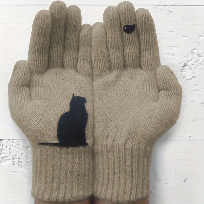 Gants femme en laine beige – Gants tricotés hiver avec motif chat noir, chauds et confortables