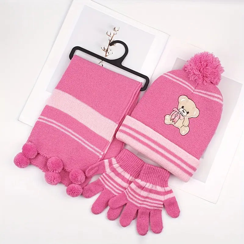 Ensemble Hiver Enfant – Bonnet Ours Pompon, Écharpe à Pompons et Gants Chauds