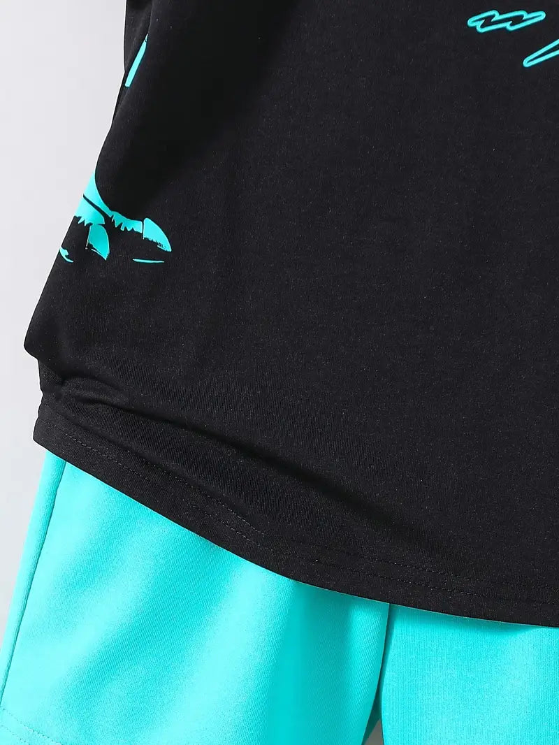 Ensemble chemise garçon noir et turquoise – t-shirt imprimé dinosaure avec short assorti été
