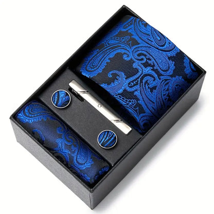 Coffret cravate homme bleu à motifs paisley – Pochette, boutons de manchette et pince assortis