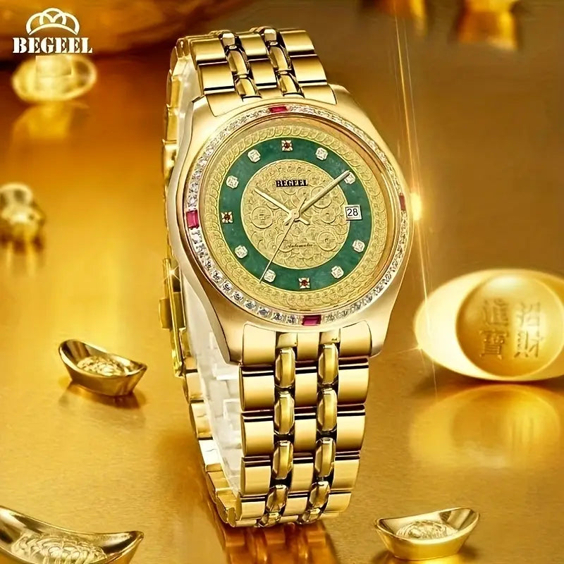 Montre homme luxe dorée – Bracelet acier or avec cadran vert et incrustations brillantes