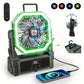 Ventilateur portable rechargeable avec LED et chargeur USB – Idéal pour camping, plein air et alimentation d’appoint