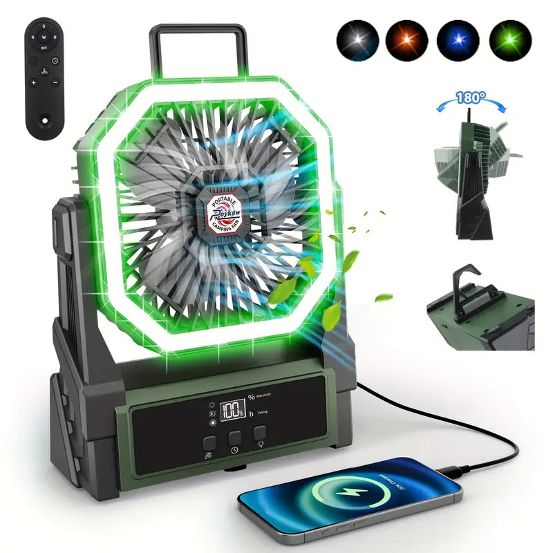 Ventilateur portable rechargeable avec LED et chargeur USB – Idéal pour camping, plein air et alimentation d’appoint