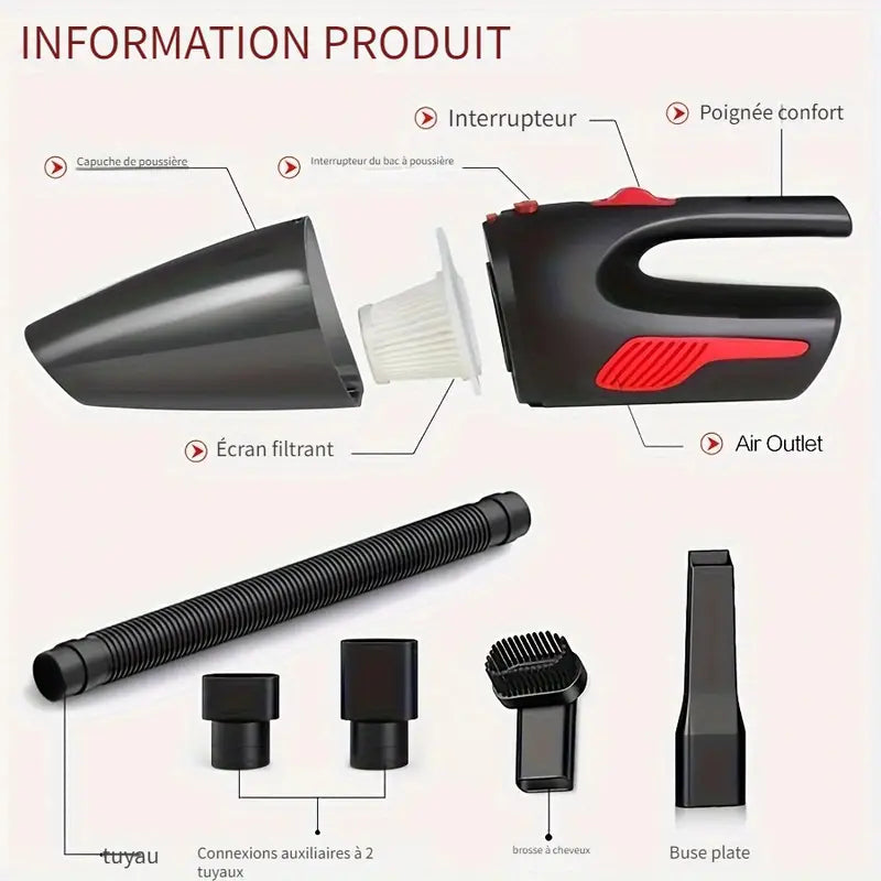 Aspirateur à Main Sans Fil Rose – Compact, Léger et Puissant avec 6 Accessoires – Idéal pour Voiture, Maison et Recoins